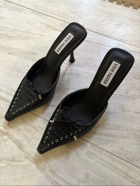 Steve Madden Black Pointed Lace-Up Mule Heels with Eyelet Detail